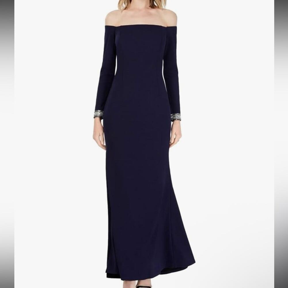 Vince Camuto Navy Blue Off-Shoulder Long Sleeve Gown Petite Silver Beaded Sleeve